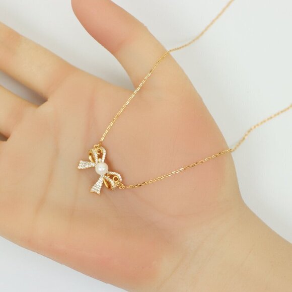 Rose Gold Bow Pendant Necklace with Pearl and Crystals , XPNL0171 - Picture 9 of 13